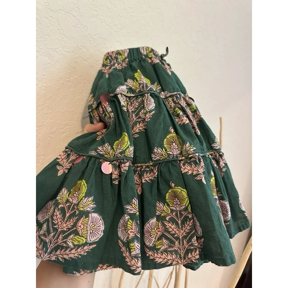 Pink Chicken New York Girls Allie Skirt 5Y Green Floral Tiered Cotton Sequin